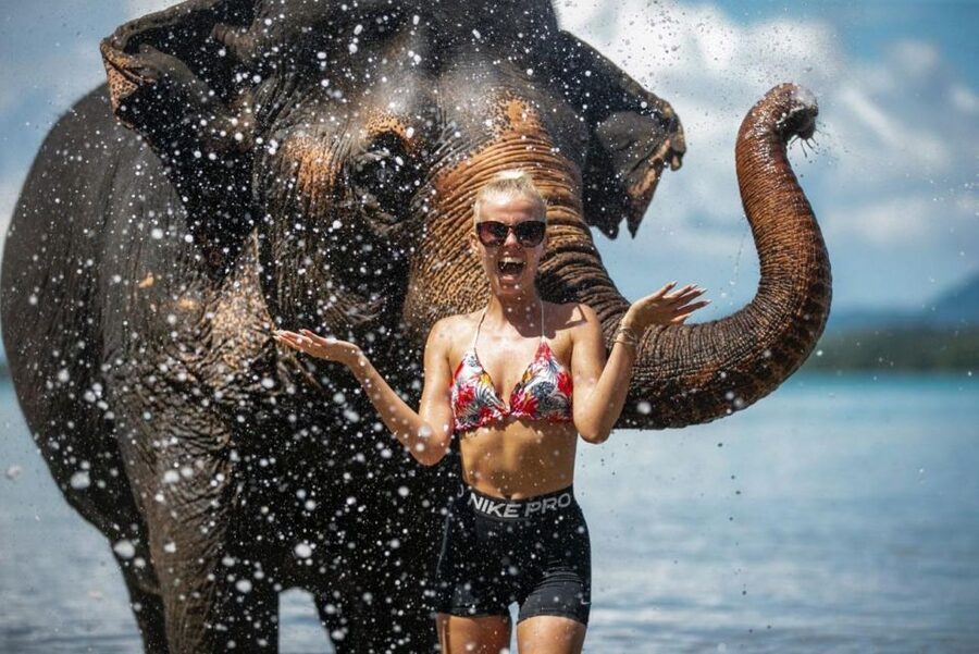 Phuket:Beach walk with elephants, rain & care. 2.5 hours - Sea bathing and the private beach “spa” time